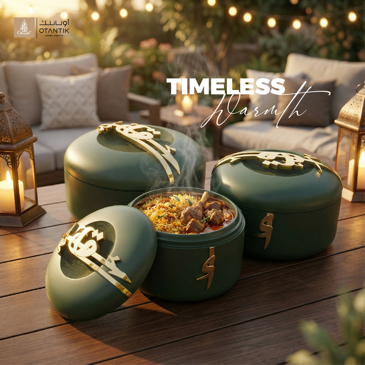 Liqa'a - Food Thermos/ Warm Serv (Set of 3) - Olive Green  & Gold