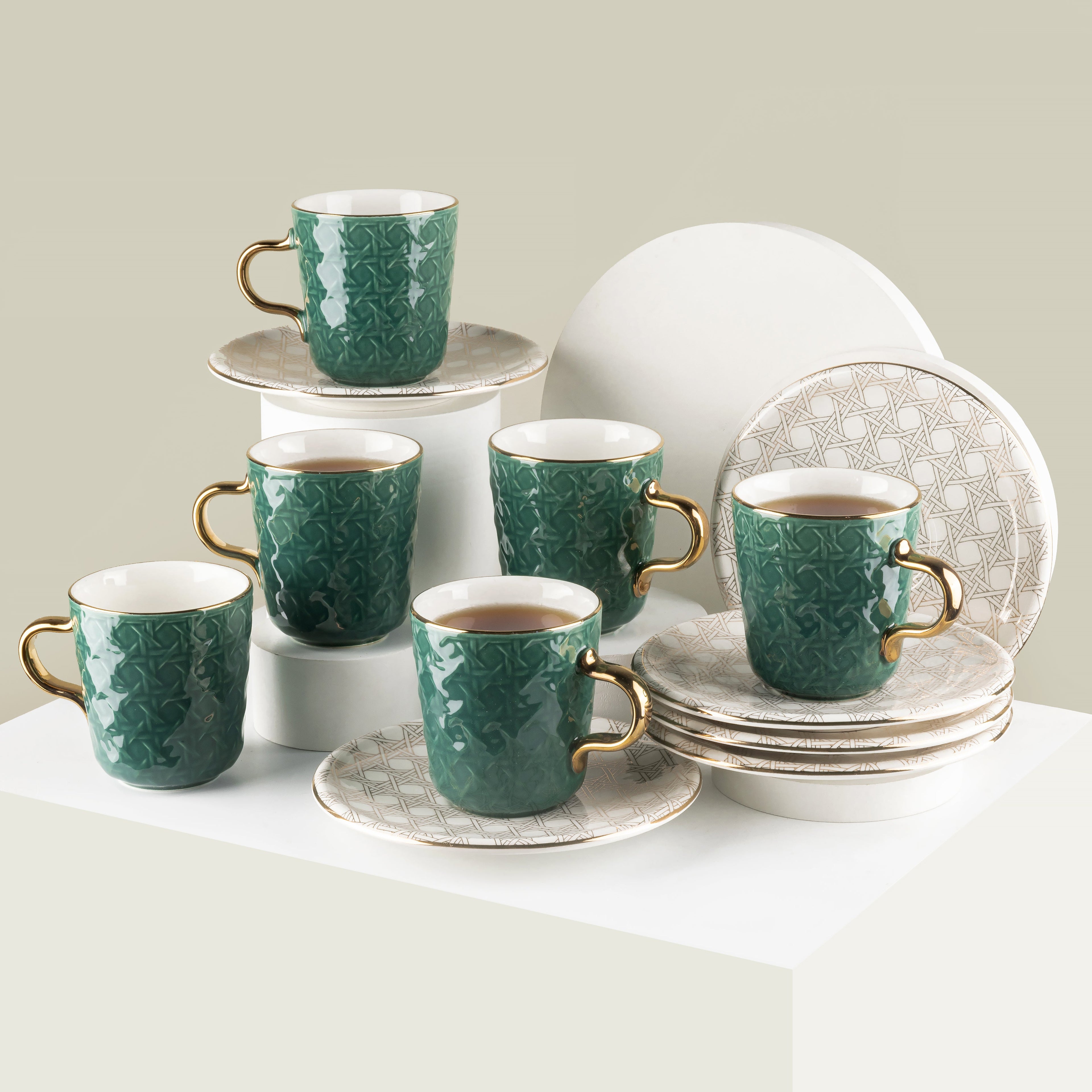 Rattan -  English Tea Cup, Set Of 12- Green