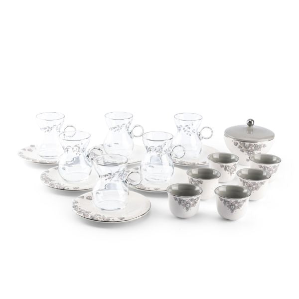 Lilac - Glass Tea Cups and Arabic Coffee Cups, 19 Pieces - Grey