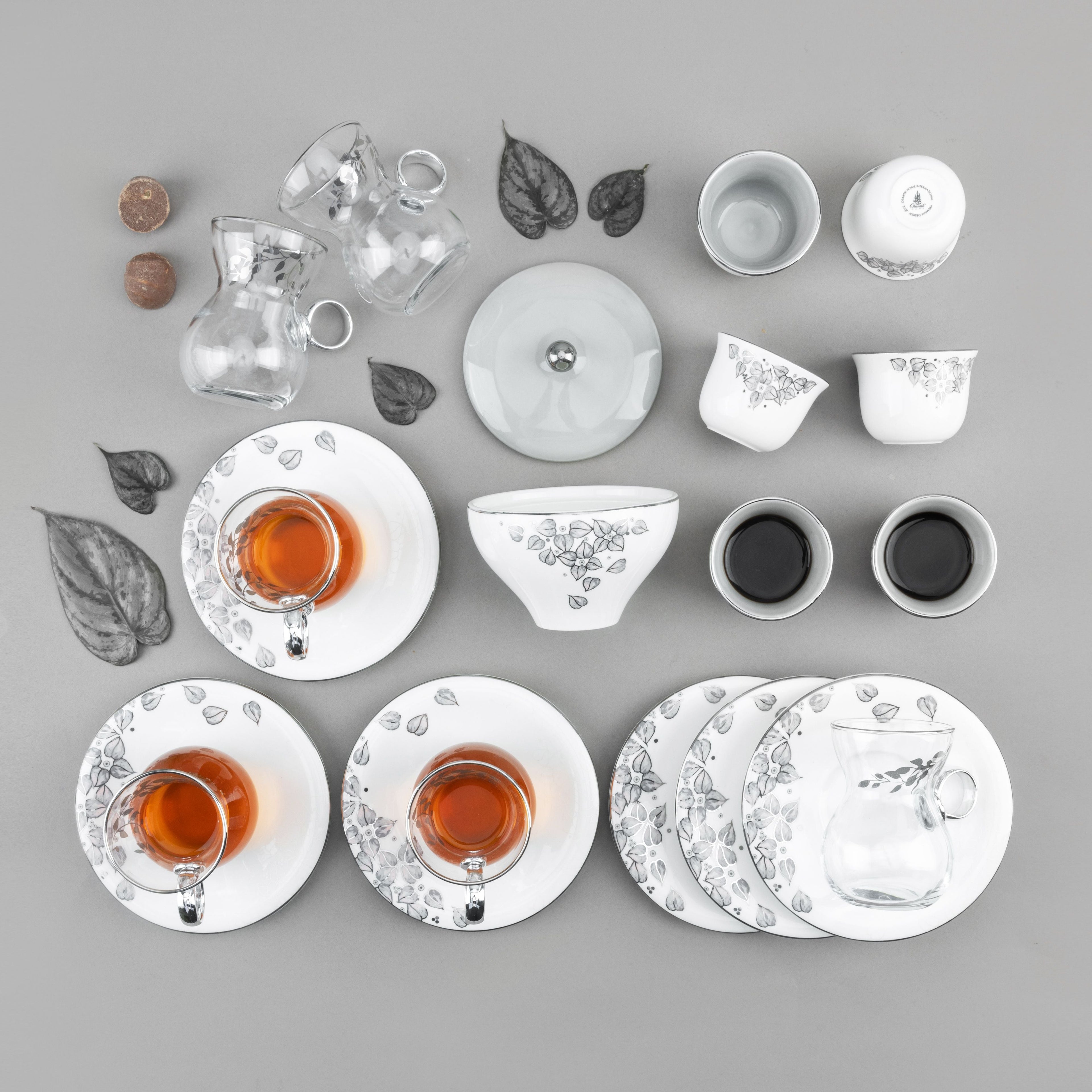 Lilac - Glass Tea Cups and Arabic Coffee Cups, 19 Pieces - Grey