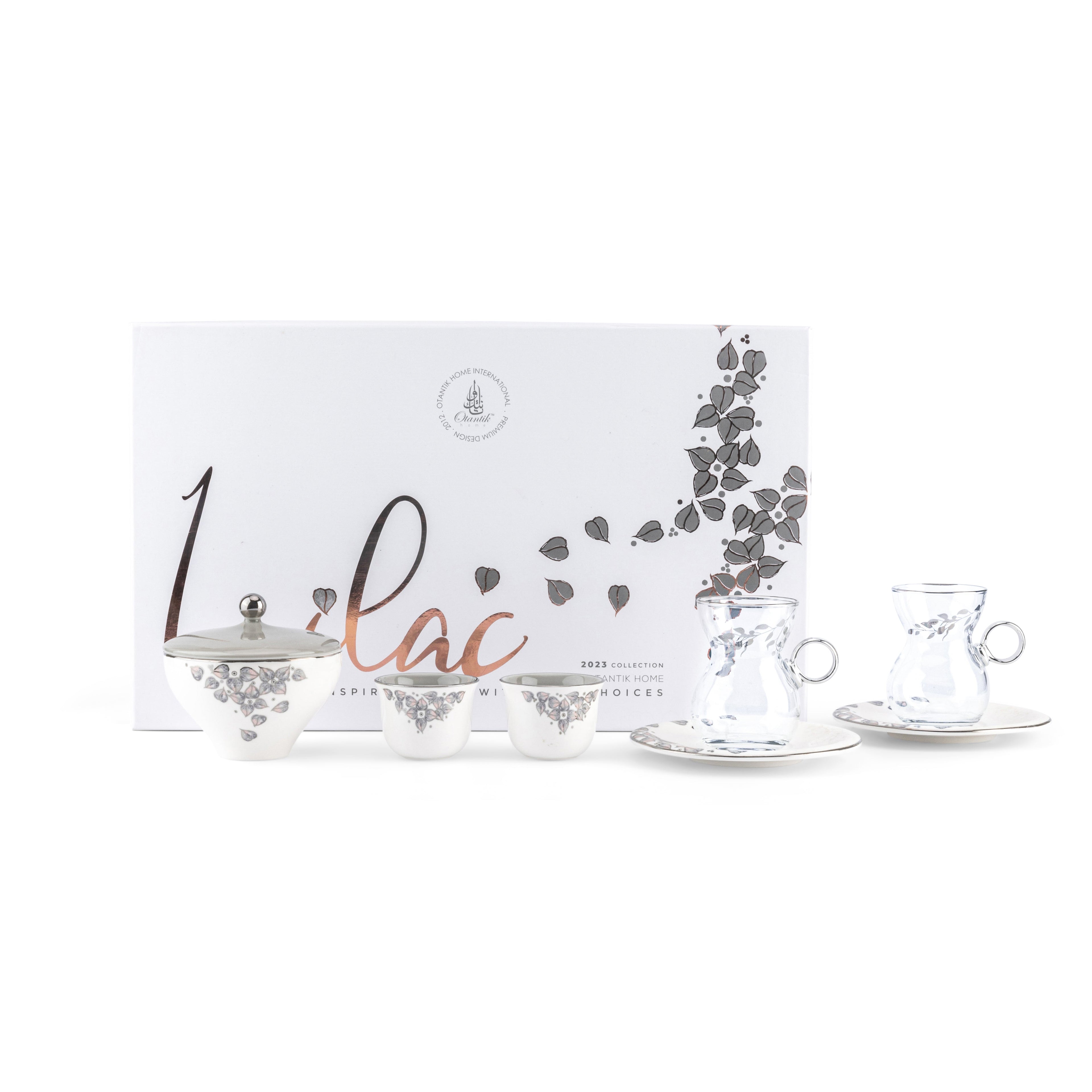 Lilac - Glass Tea Cups and Arabic Coffee Cups, 19 Pieces - Grey