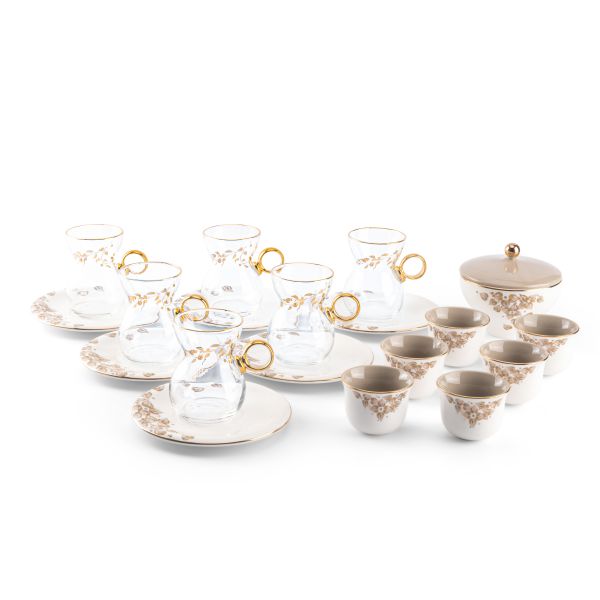 Lilac - Glass Tea Cups and Arabic Coffee Cups, 19 Pieces - Beige