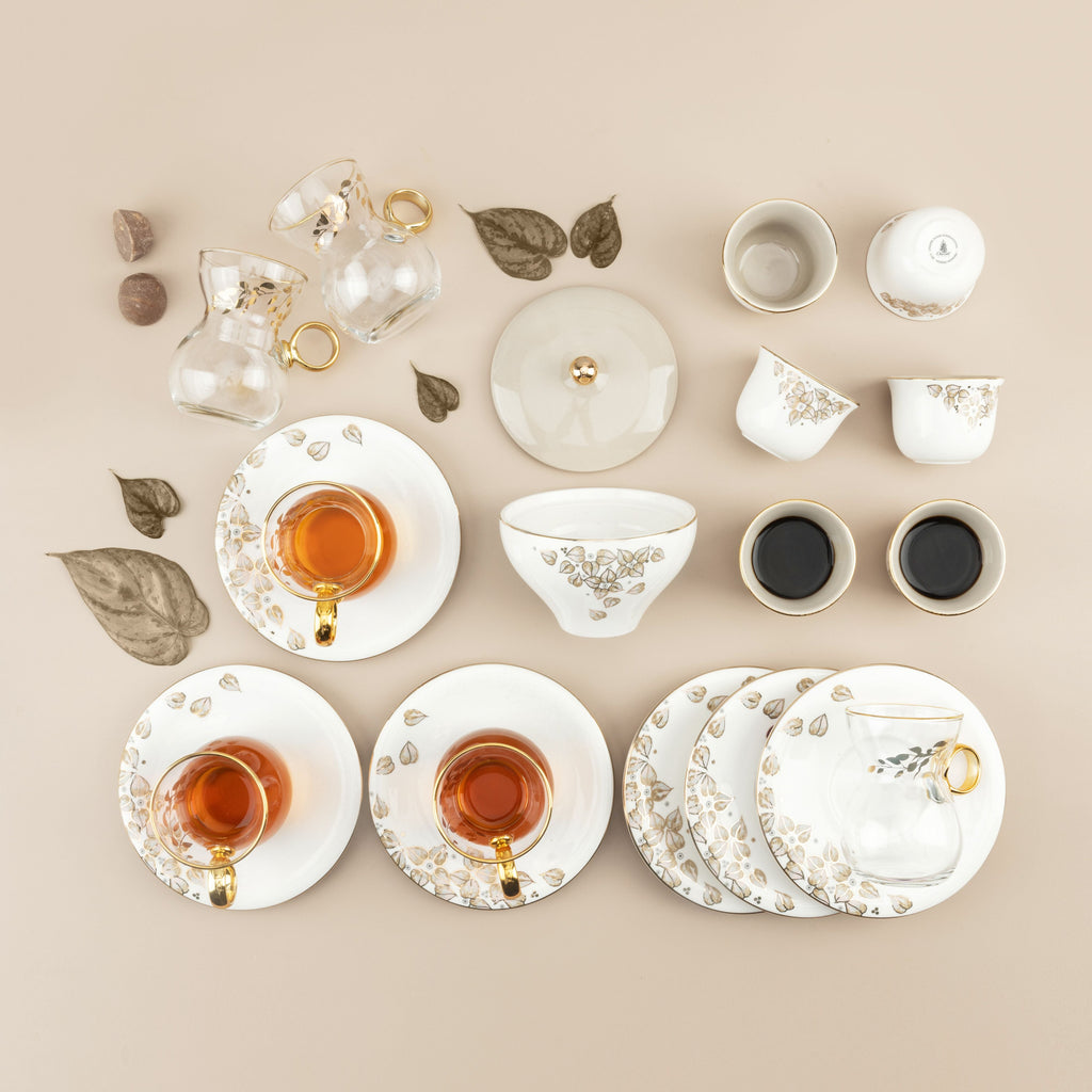 Lilac - Glass Tea Cups and Arabic Coffee Cups, 19 Pieces - Beige