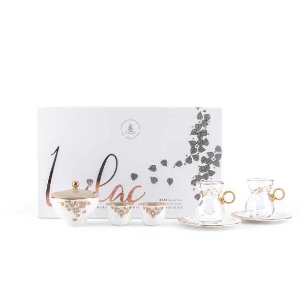 Lilac - Glass Tea Cups and Arabic Coffee Cups, 19 Pieces - Beige