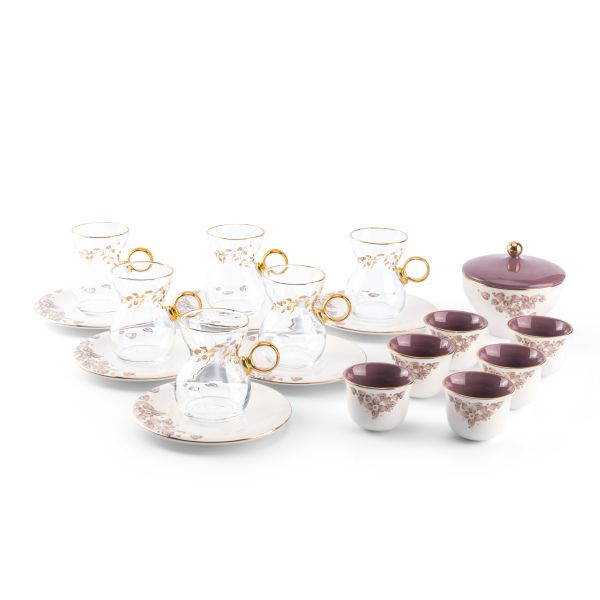 Lilac - Glass Tea Cups and Arabic  Coffee Cups, 19 Pieces - Purple