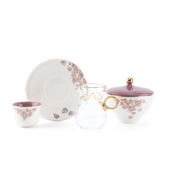 Lilac - Glass Tea Cups and Arabic  Coffee Cups, 19 Pieces - Purple