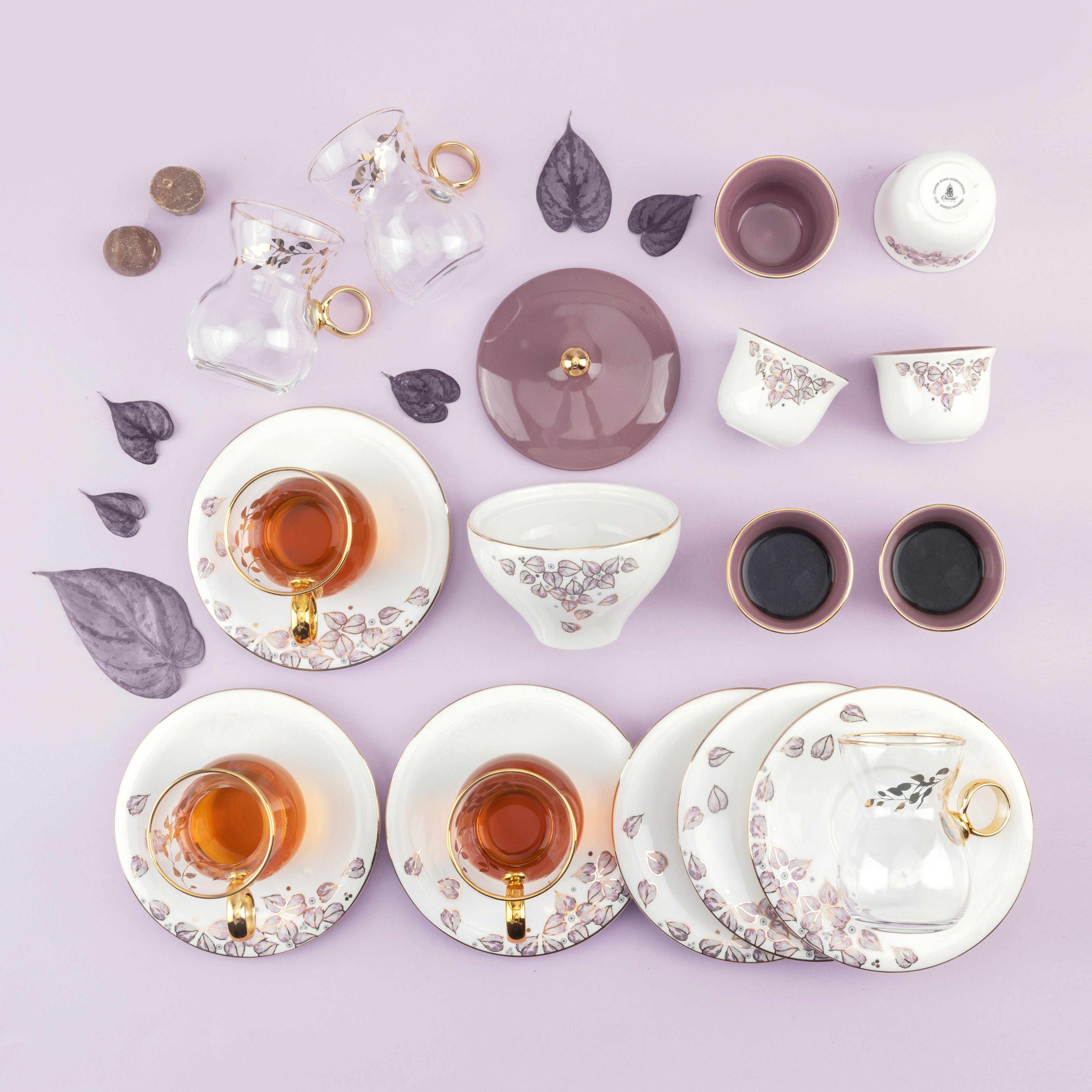 Lilac - Glass Tea Cups and Arabic  Coffee Cups, 19 Pieces - Purple
