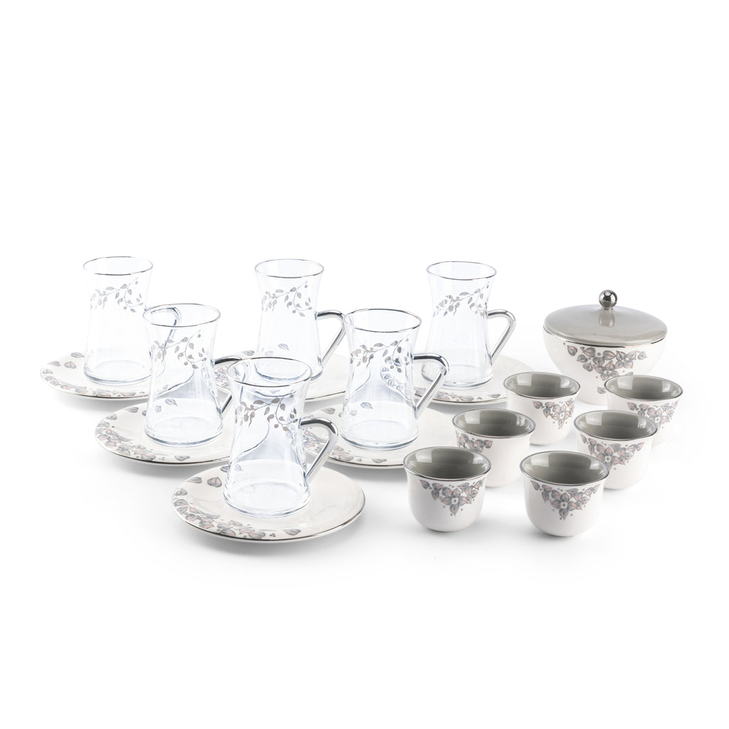 Lilac - Glass Tea Cups and Arabic Coffee Cups, 19 Pieces - Grey