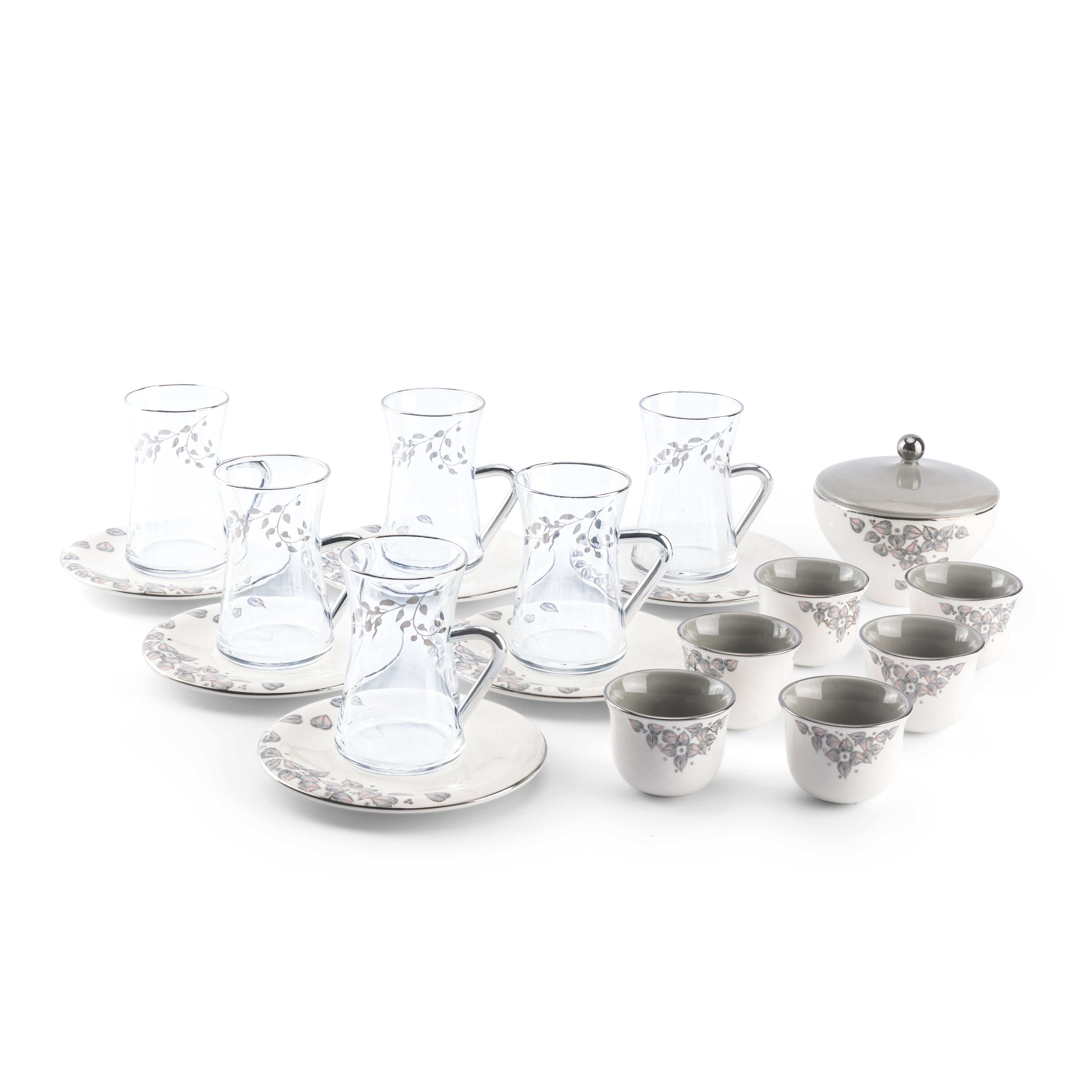 Lilac - Glass Tea Cups and Arabic Coffee Cups, 19 Pieces - Grey