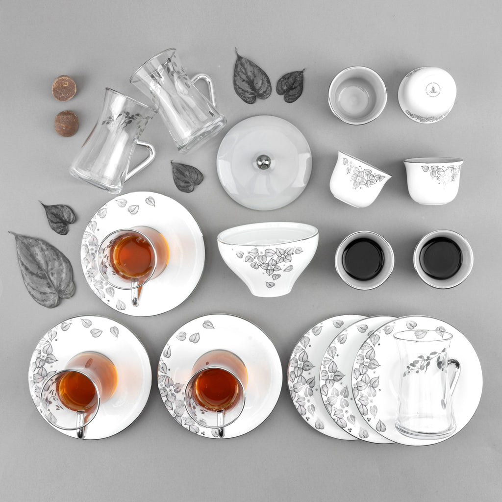 Lilac - Glass Tea Cups and Arabic Coffee Cups, 19 Pieces - Grey