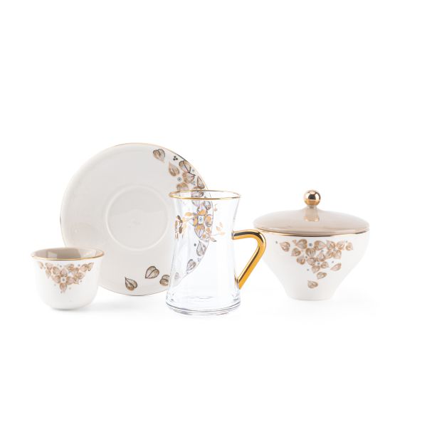 Lilac -  Glass Tea Cups and Arabic Coffee Cups, 19 Pieces - Beige