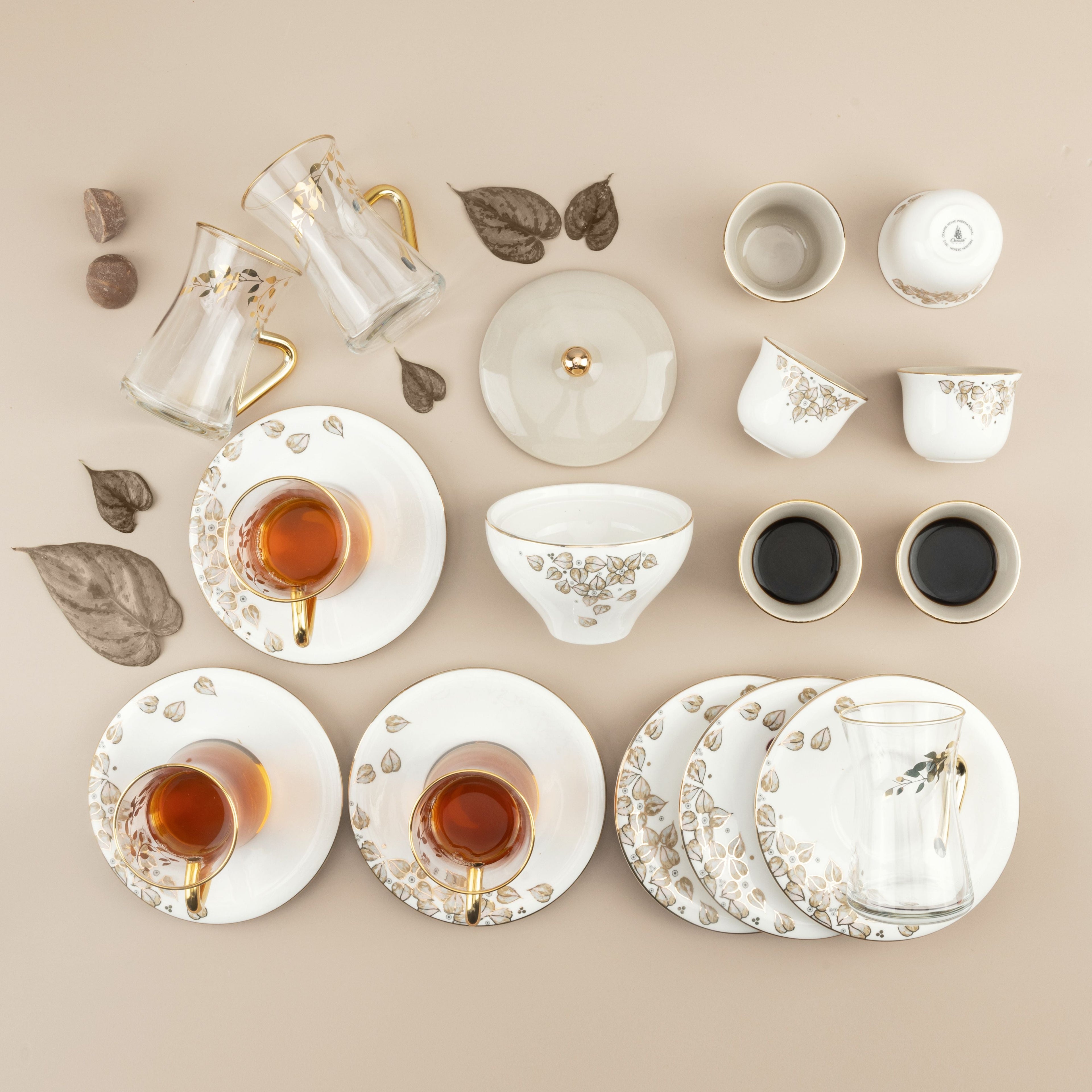 Lilac -  Glass Tea Cups and Arabic Coffee Cups, 19 Pieces - Beige