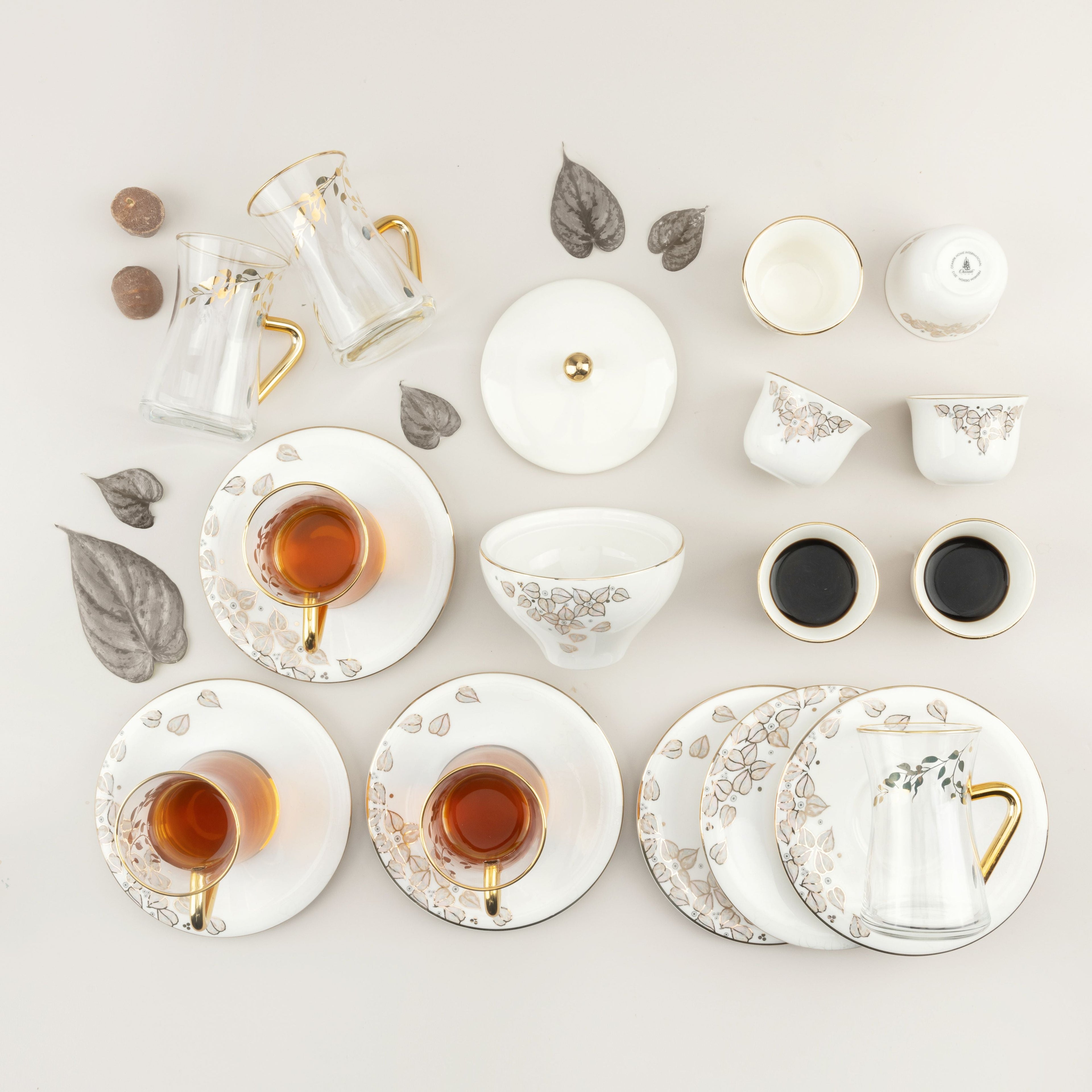 Lilac - Glass Tea Cups and Arabic Coffee Cups, 19 Pieces - White