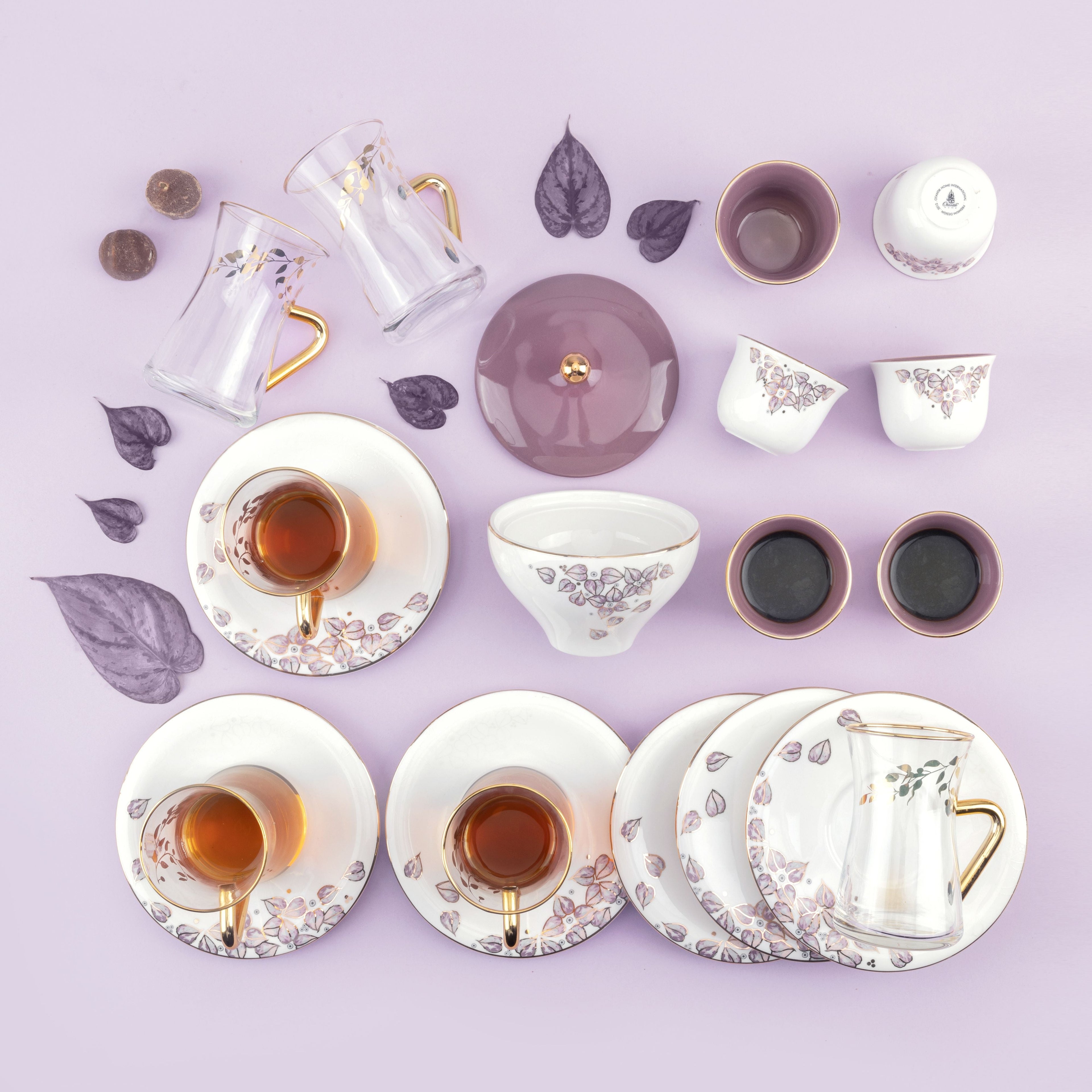 Lilac - Glass Tea Cups and Arabic Coffee Cups, 19 Pieces - Purple