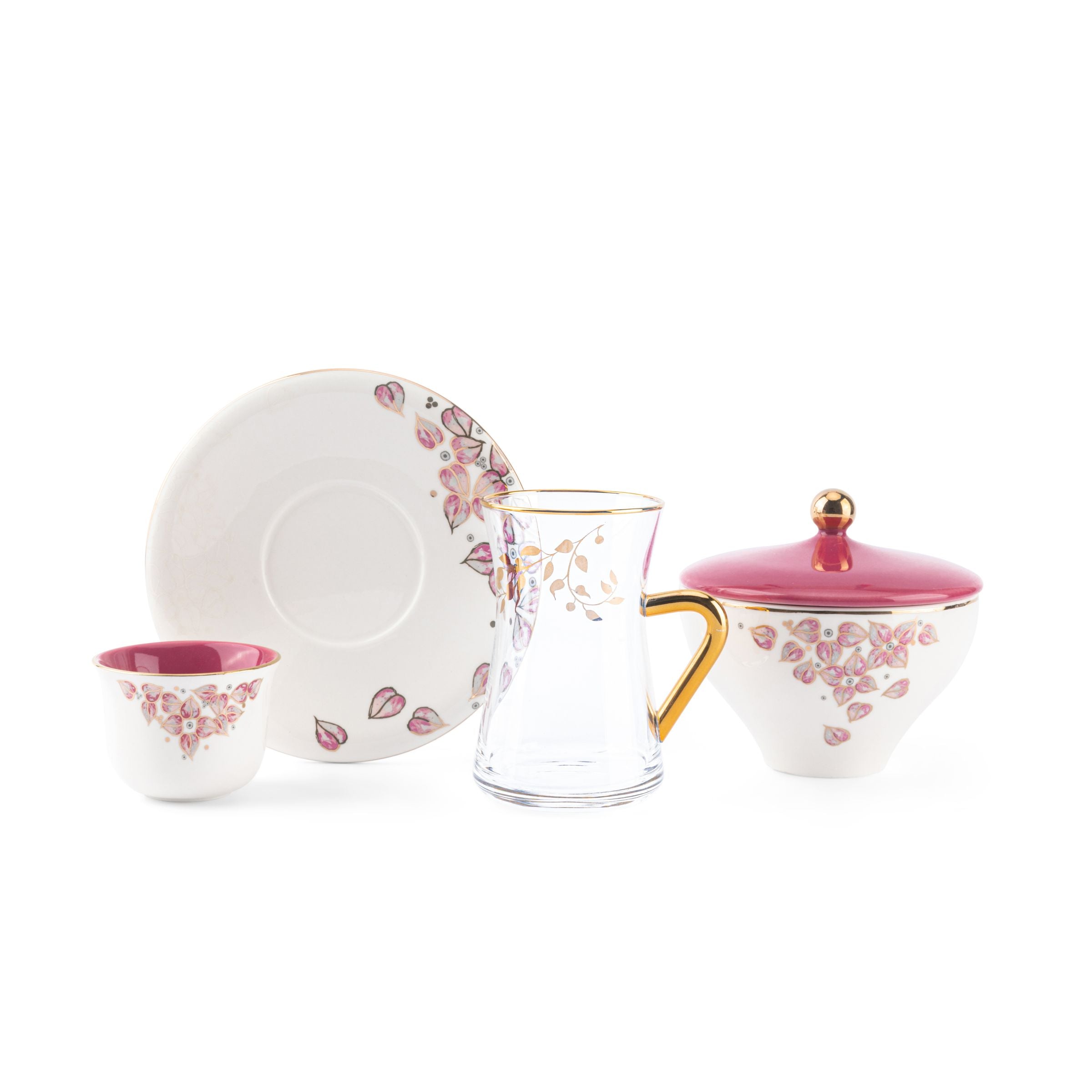 Lilac - Glass Tea Cups  and Arabic Coffee Cups, 19 Pieces - Pink
