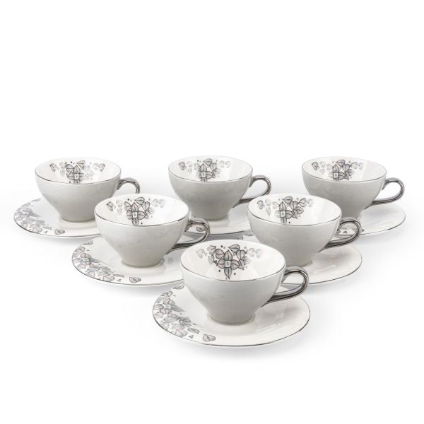 Lilac - English Tea Cup Set, 12 Pieces - Grey