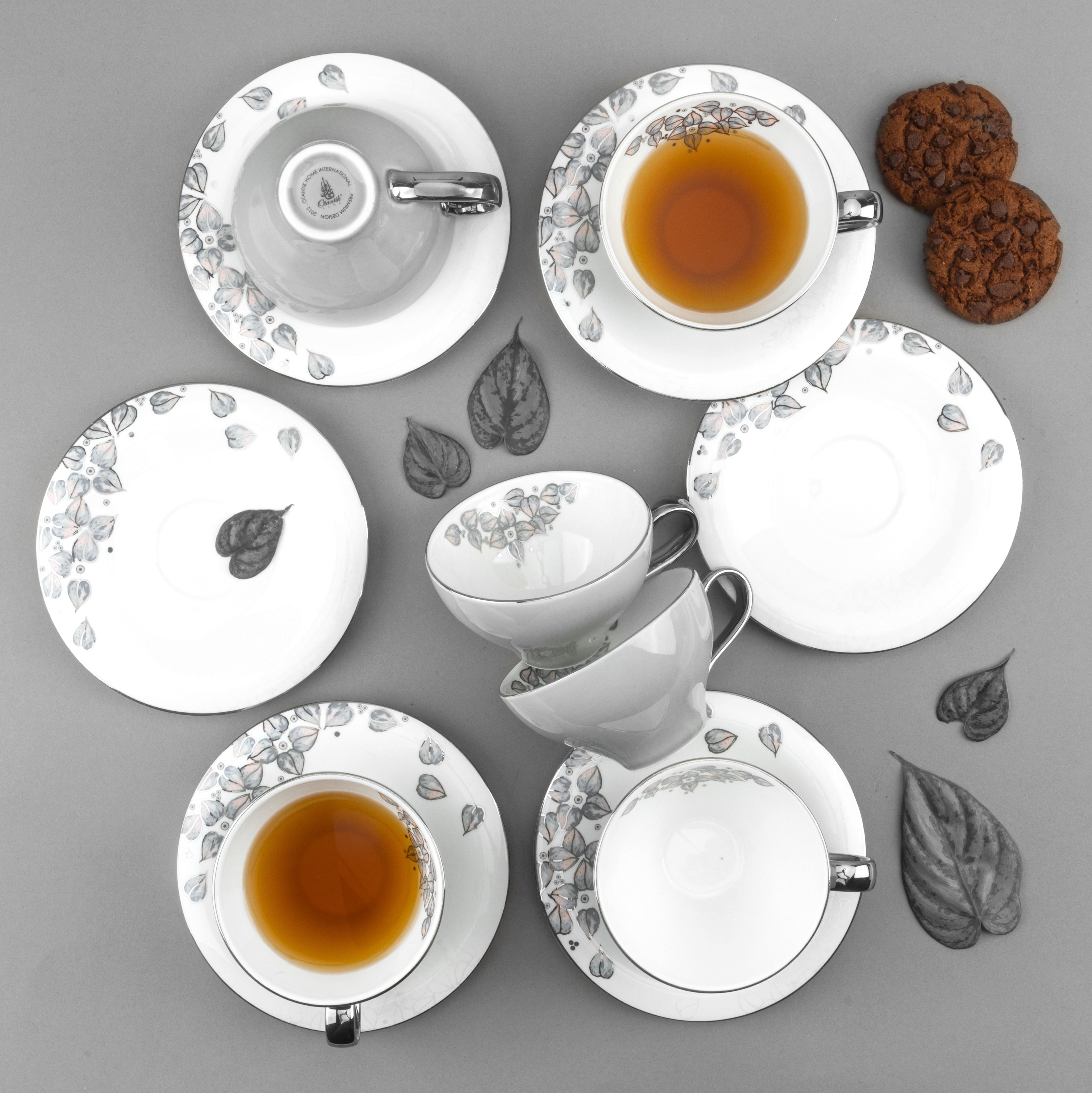 Lilac - English Tea Cup Set, 12 Pieces - Grey