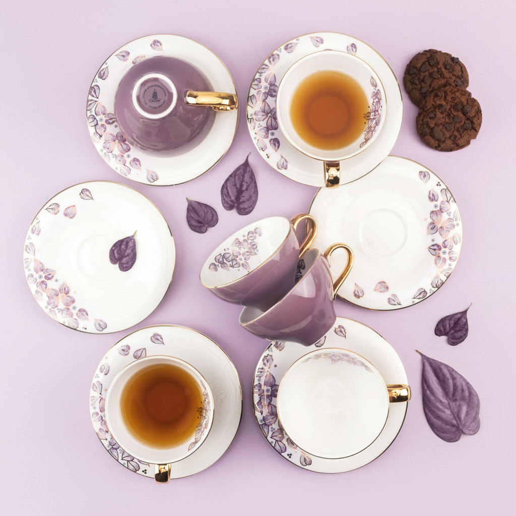 Lilac - English Tea Cup Set, 12 Pieces - Purple