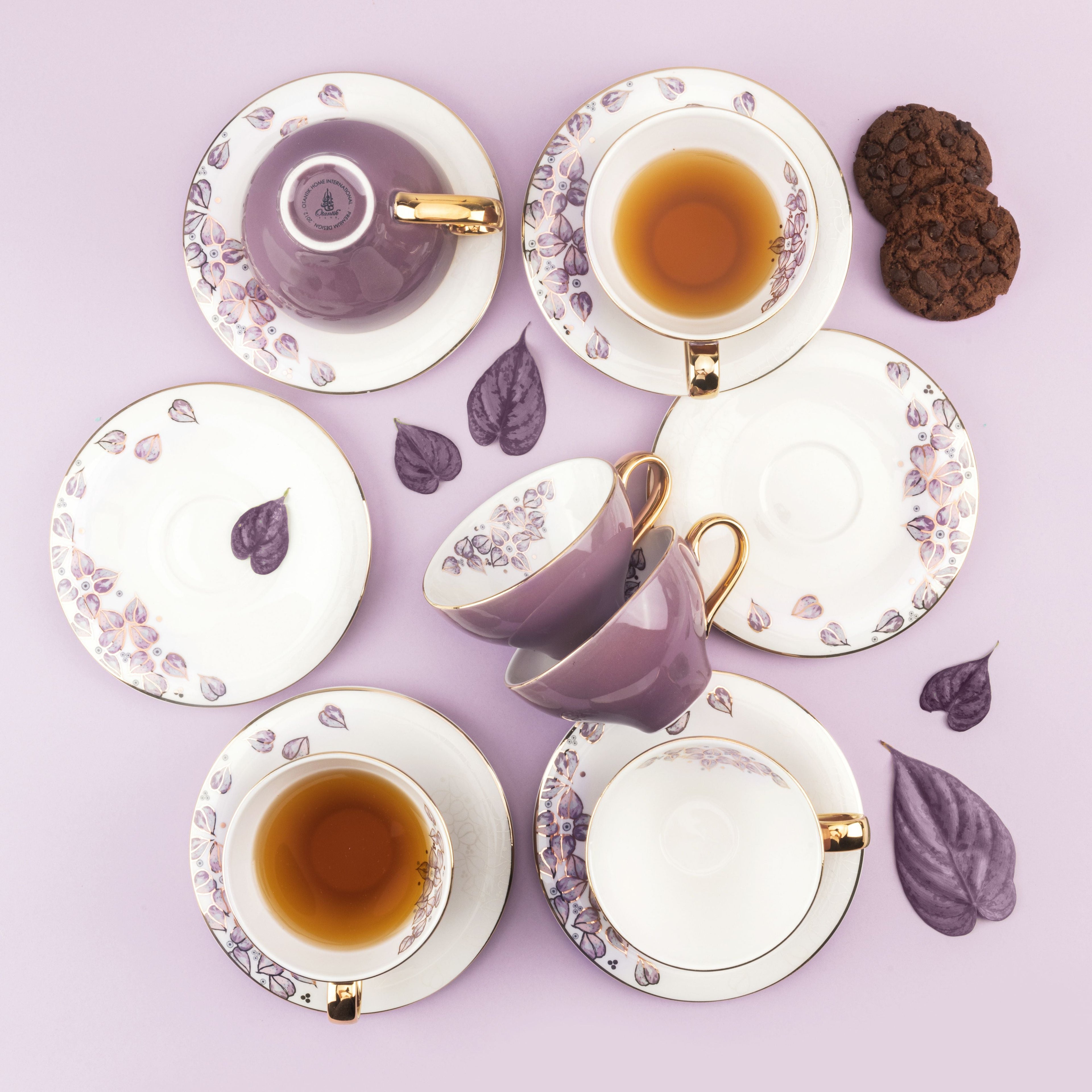 Lilac - English Tea Cup Set, 12 Pieces - Purple