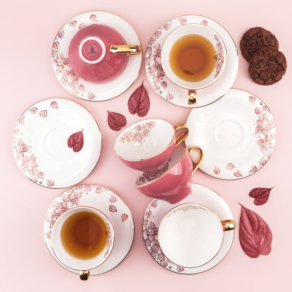 Lilac - English Tea Cup Set, 12 Pieces - Pink