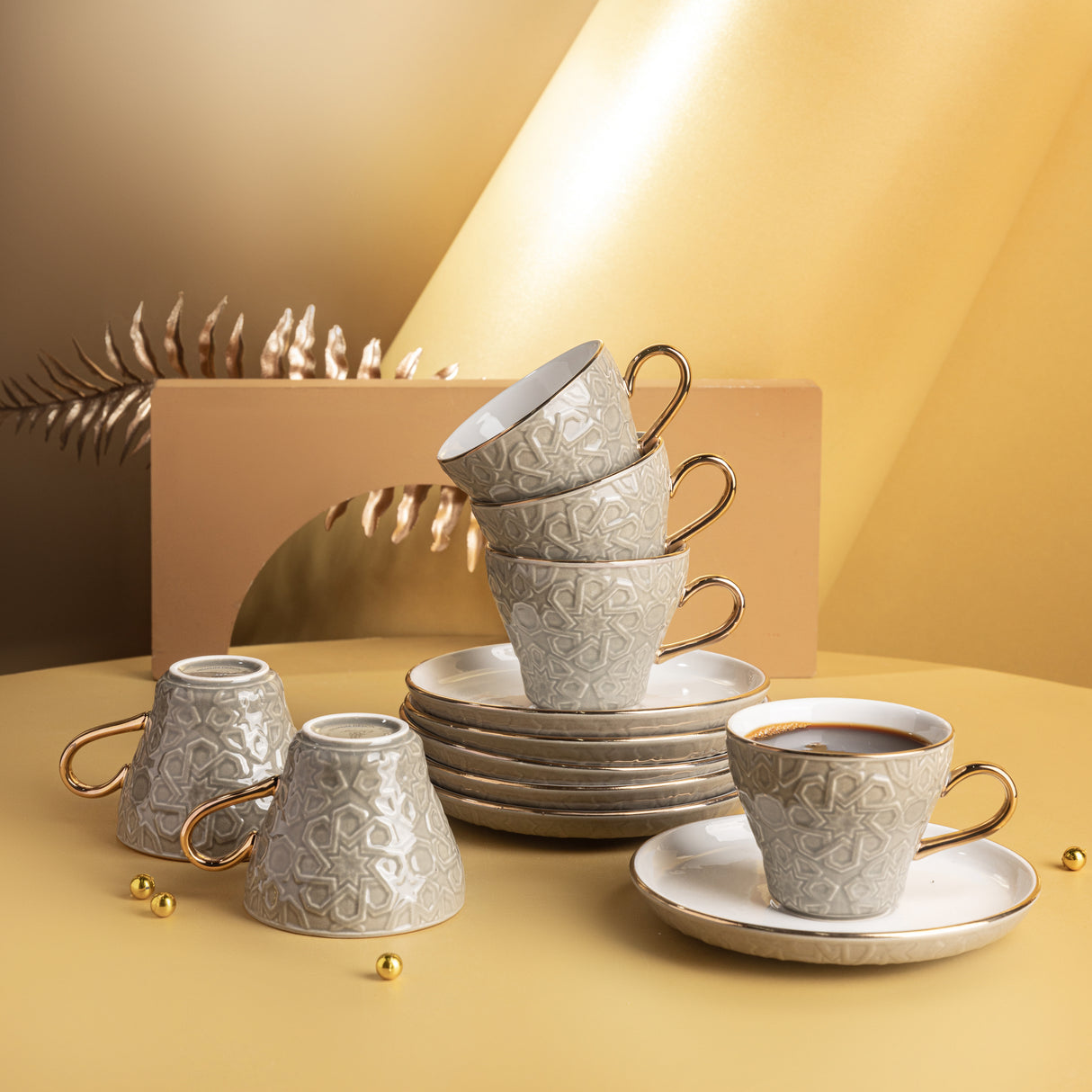 Crown - Esspresso /Turkish Coffee Cups (12-Pc)- Grey & Gold