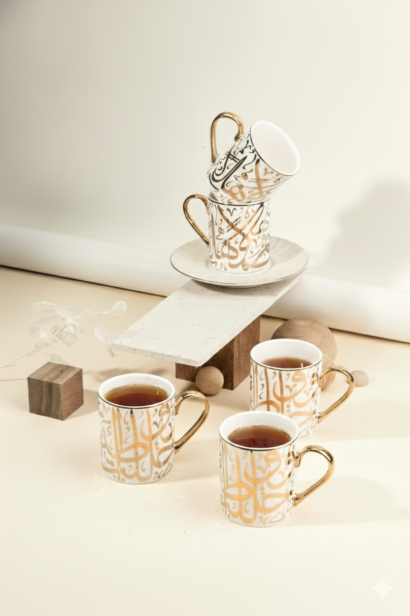 Diwan-  English Tea Cups, Set Of 6 Cups Only - Beige &Gold