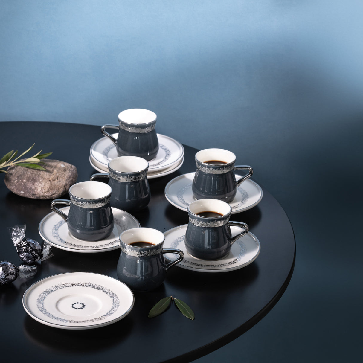 Atheer - Turkish Coffee Set (12-Pc) - Dark Blue & Silver