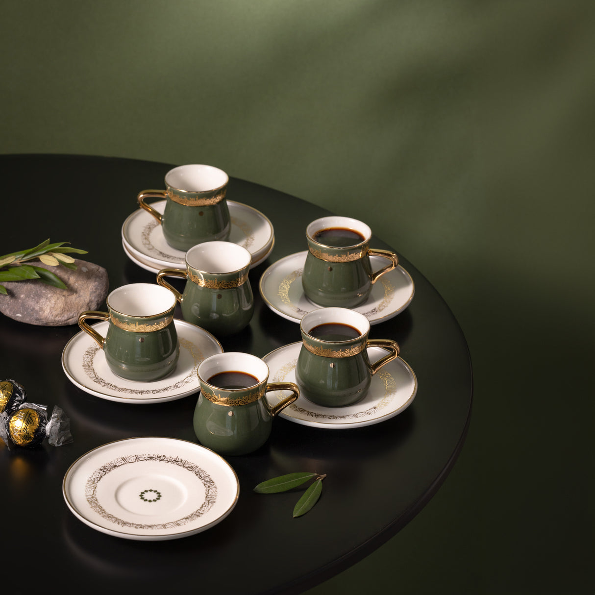 Atheer - Turkish Coffee Set (12-Pc) - Olive Green & Gold