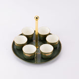 Atheer - Arabic Coffee Cups With Holder - Olive Green & Gold