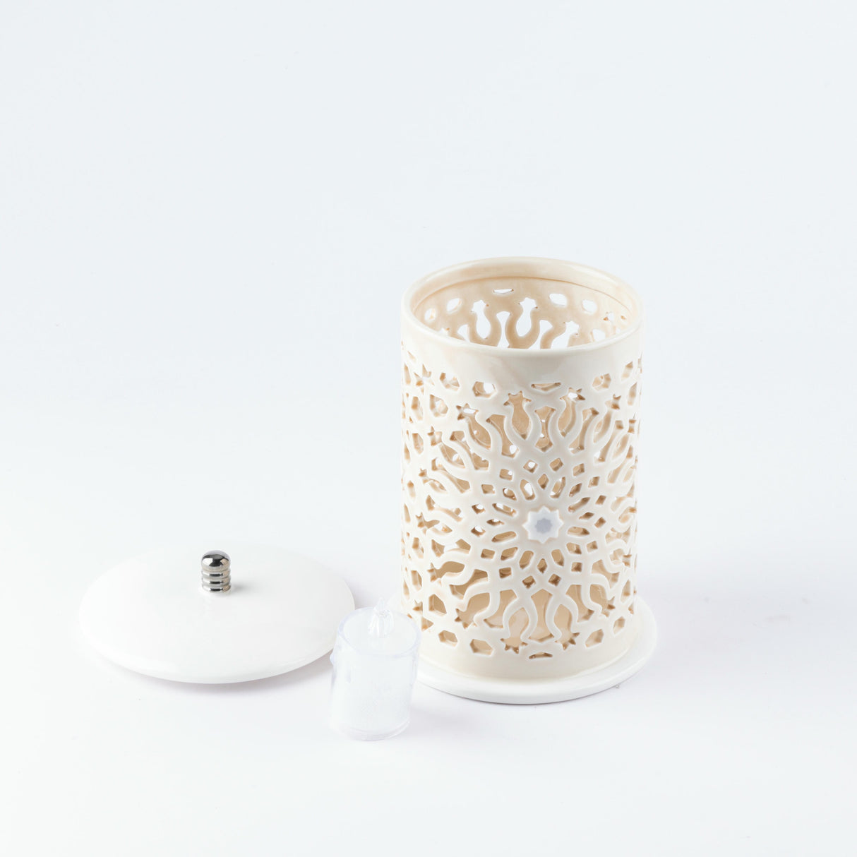 Asala - Large Lantern Candle Holder - Beige & Silver