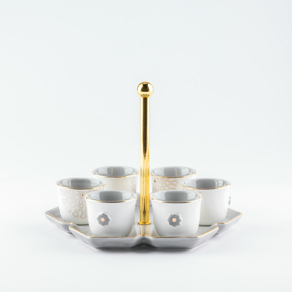 Asala - Arabic Coffee Cups With Holder - Grey & Gold