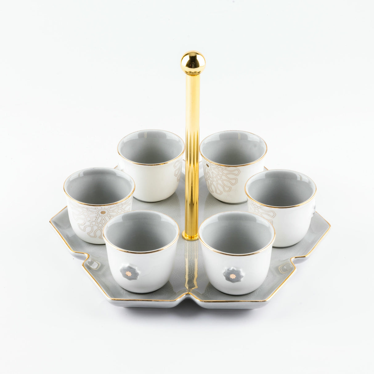 Asala - Arabic Coffee Cups With Holder - Grey & Gold