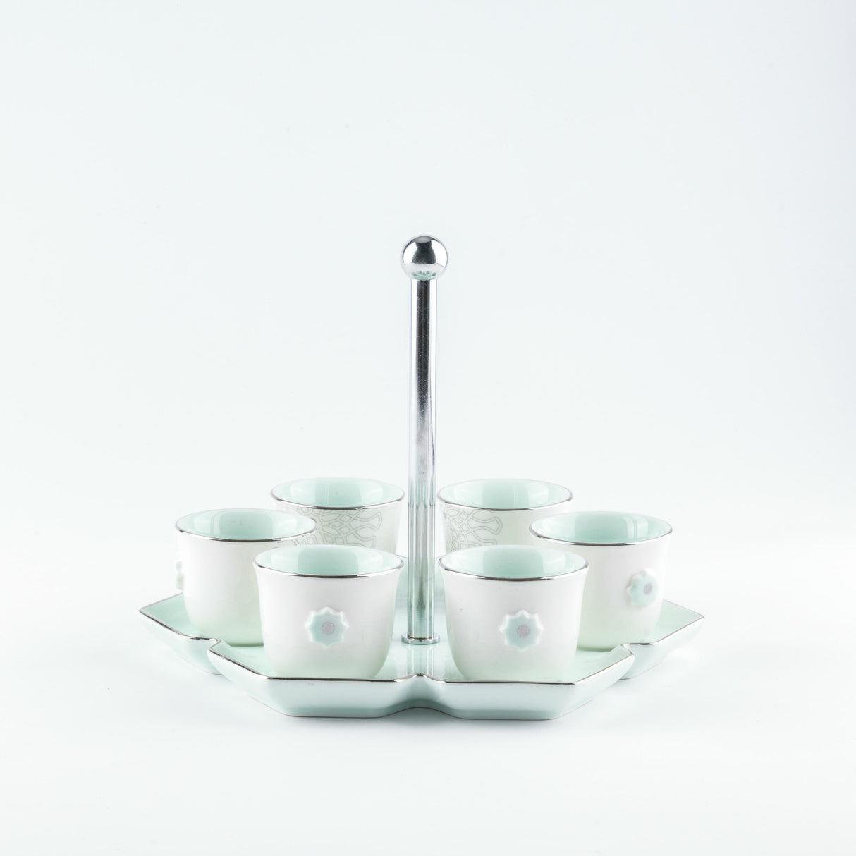 Asala - Arabic Coffee Cups With Holder - Teal & Silver