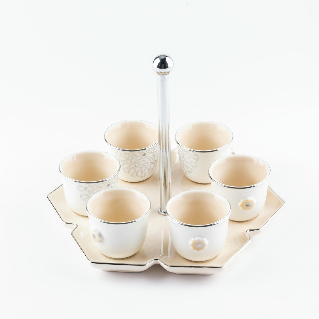 Asala - Arabic Coffee Cups With Holder - Beige & Silver