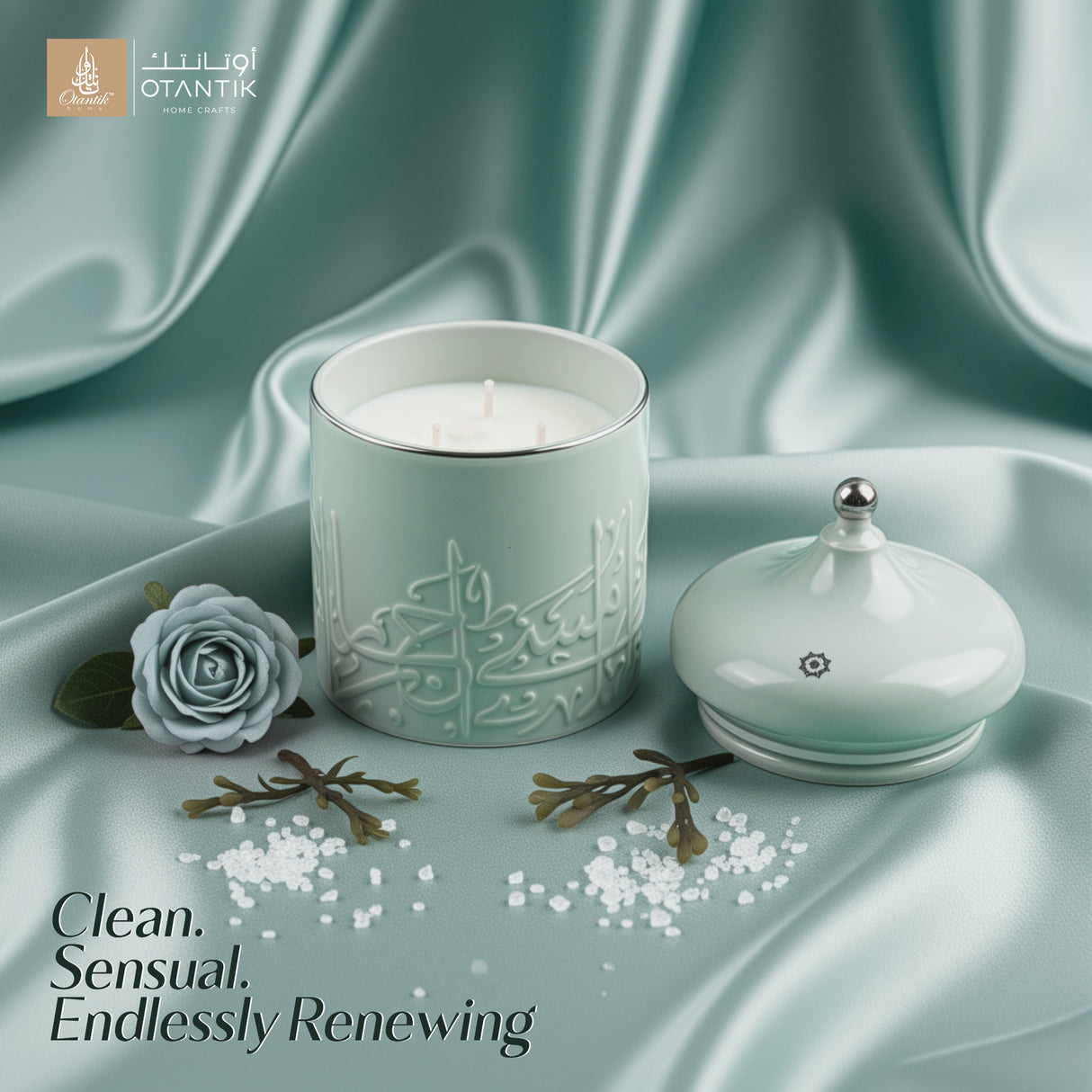 Jiwar -  Large Candle| Sea Rose - Mint Green & Silver
