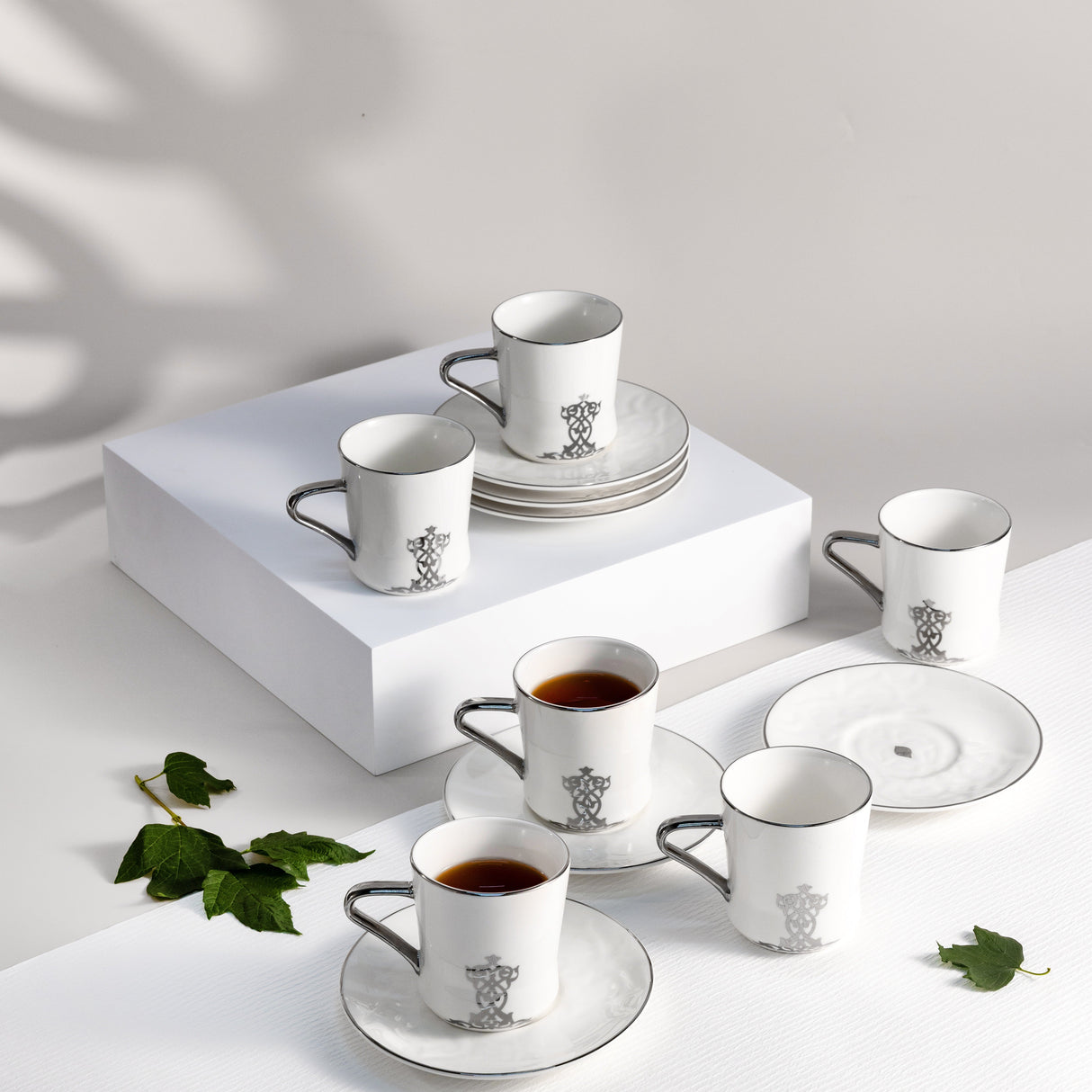 Naqsh - Cappuccino Set (12-Pc) -White & Silver