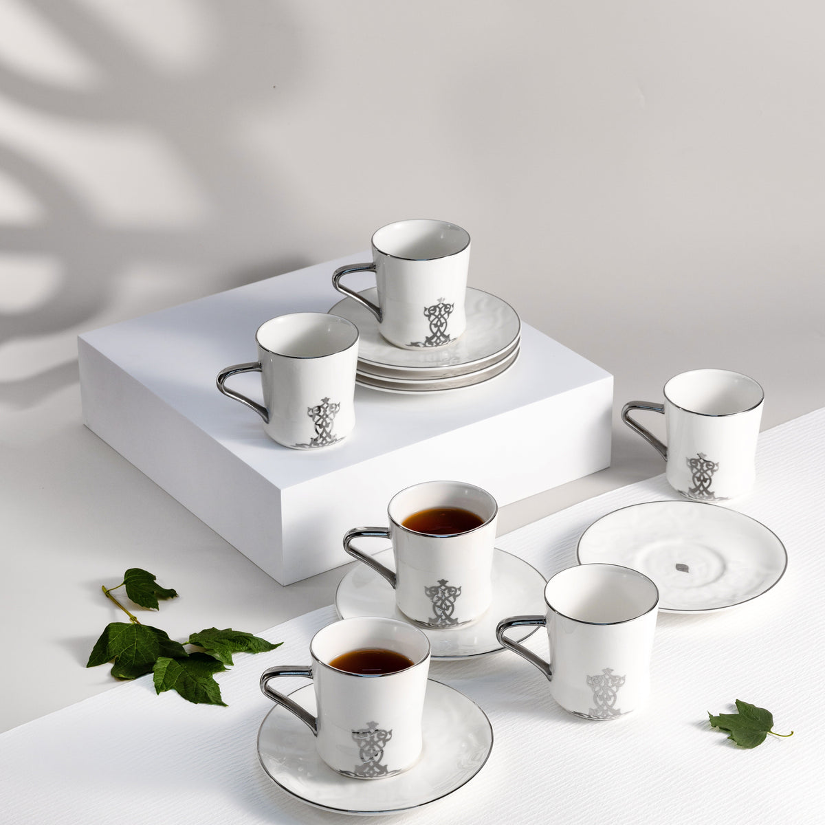 Naqsh - Cappuccino Set (12-Pc) -White & Silver