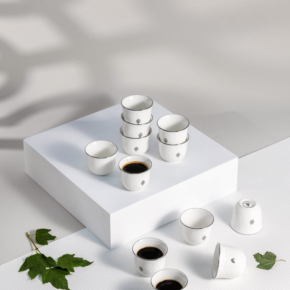 Naqsh - Arabic Coffee Cups (12-Pc)- White & Silver