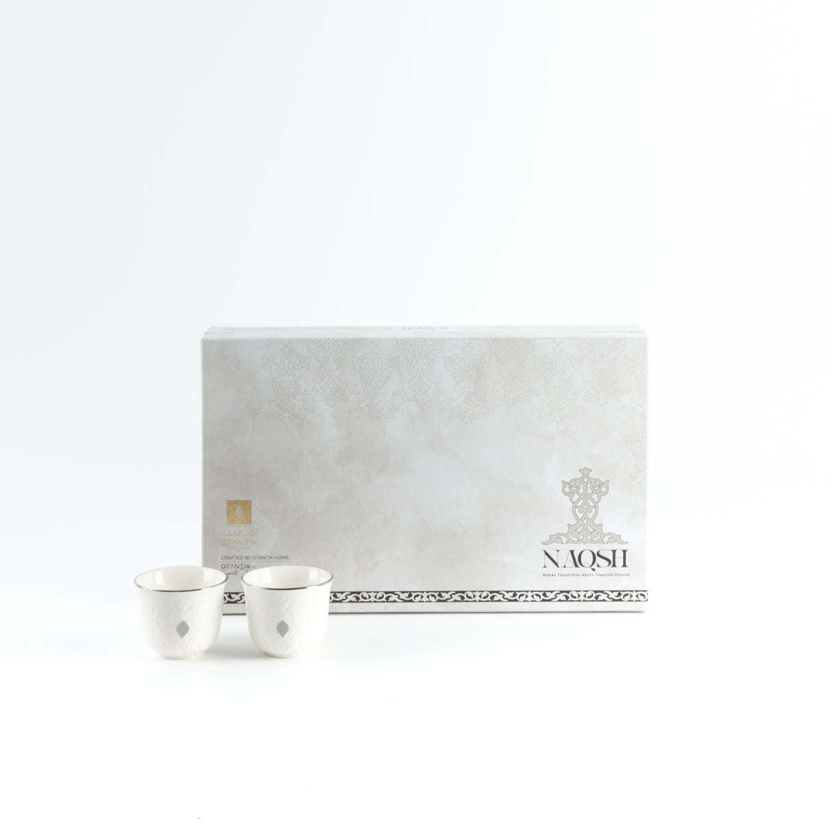 Naqsh - Arabic Coffee Cups (12-Pc)- White & Silver