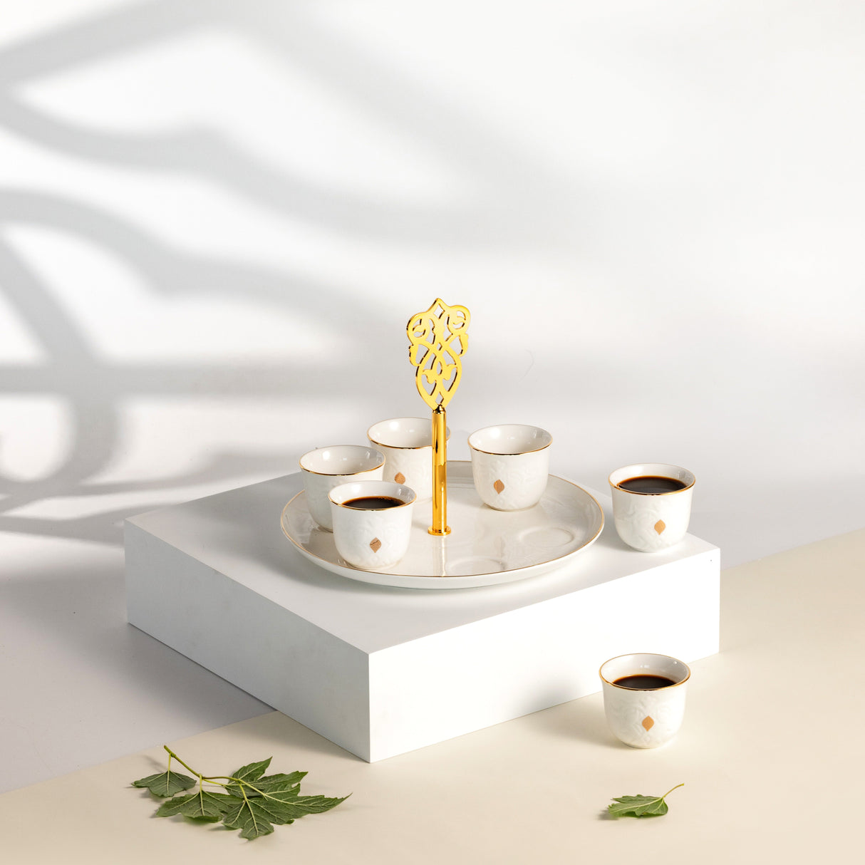 Naqsh - Arabic Coffee Cups With Holder - White & Gold