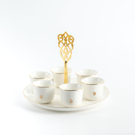 Naqsh - Arabic Coffee Cups With Holder - White & Gold
