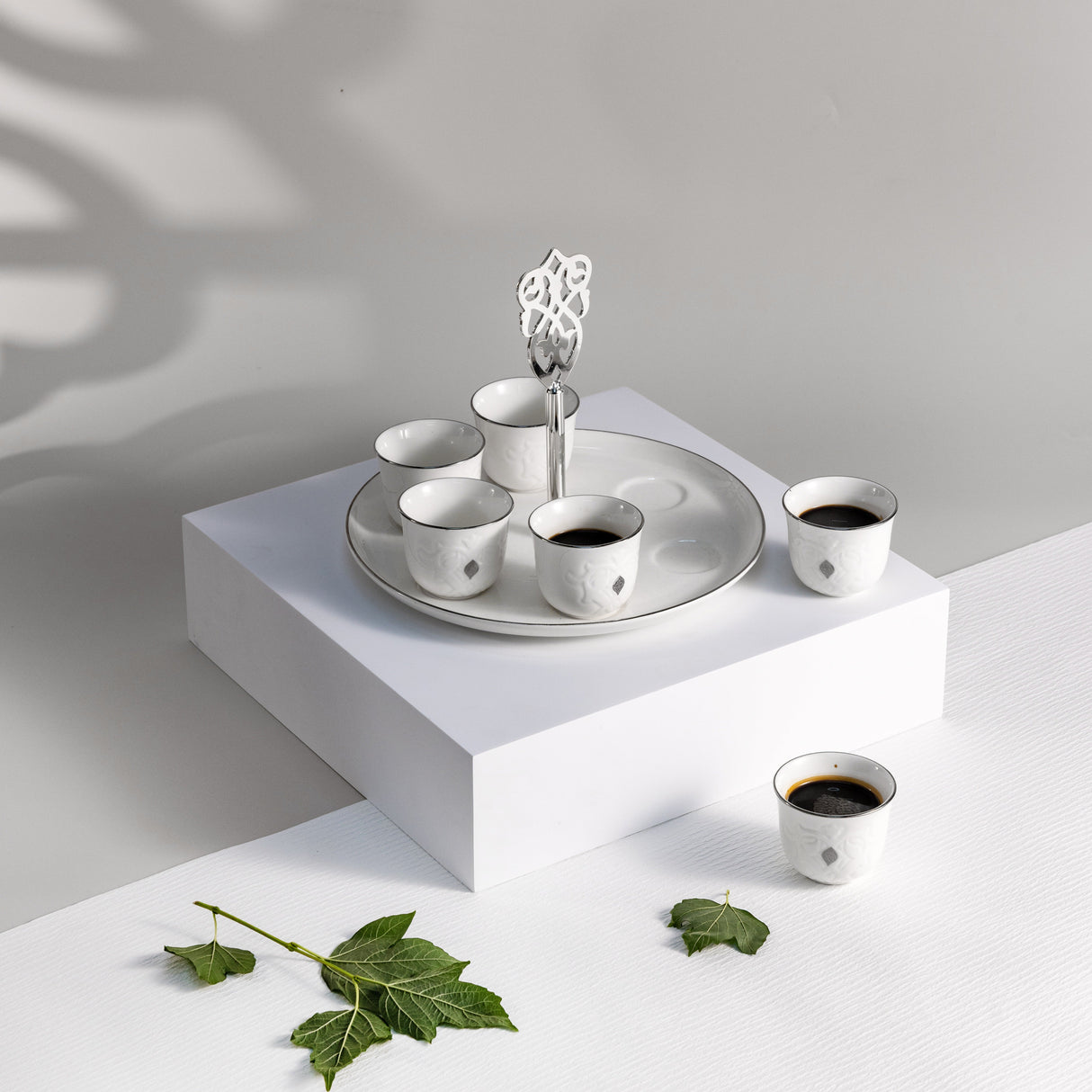 Naqsh - Arabic Coffee Cups With Holder - White & Silver