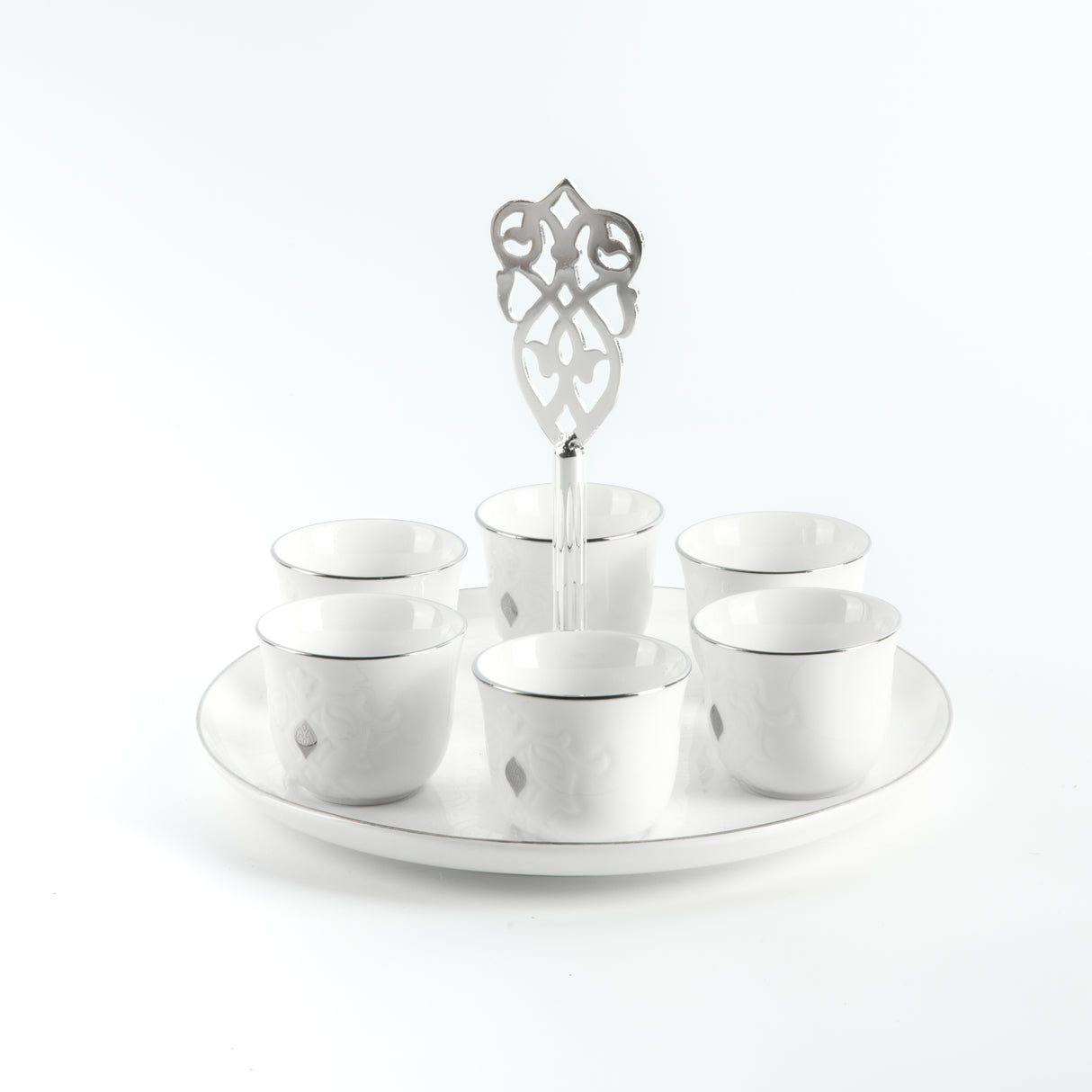 Naqsh - Arabic Coffee Cups With Holder - White & Silver