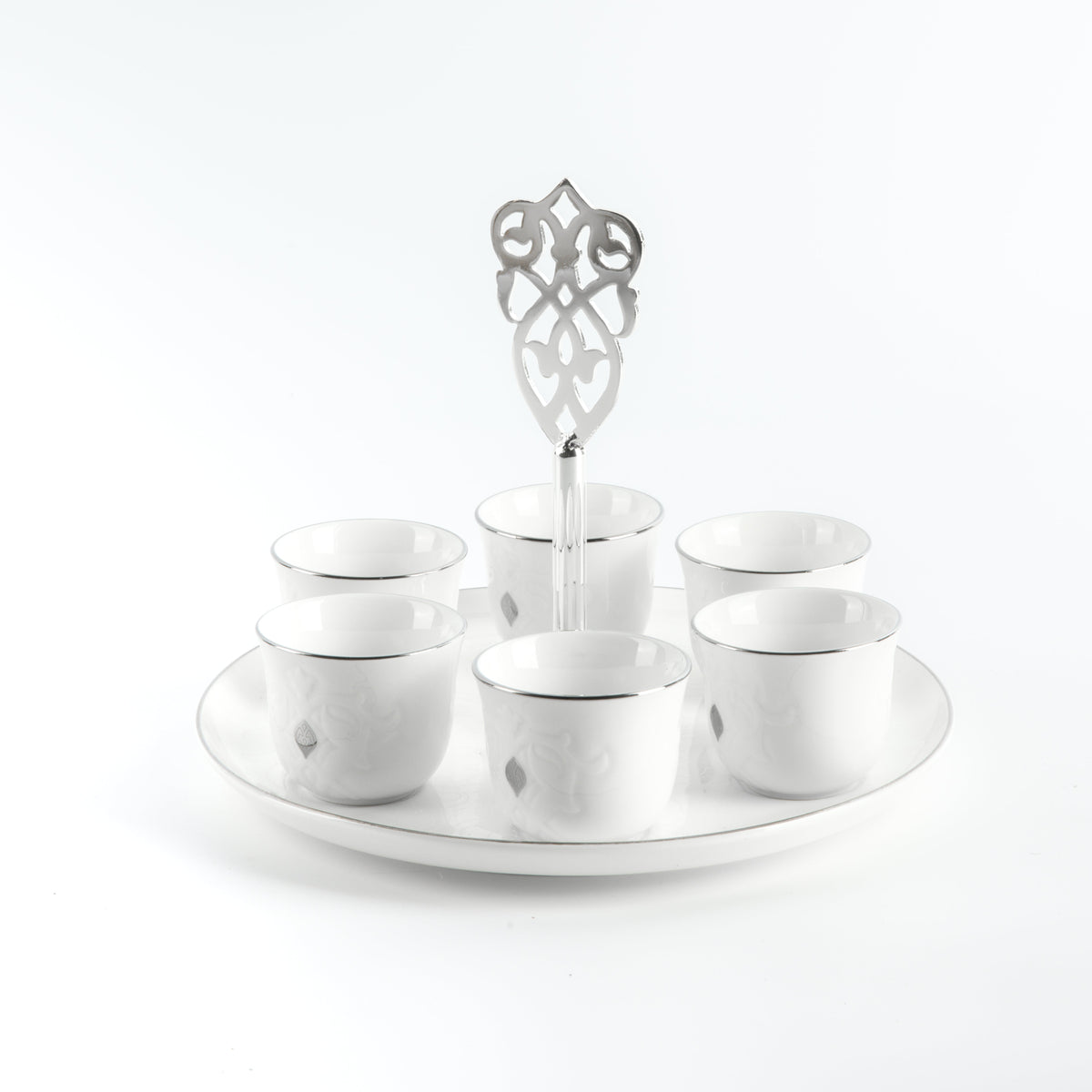 Naqsh - Arabic Coffee Cups With Holder - White & Silver
