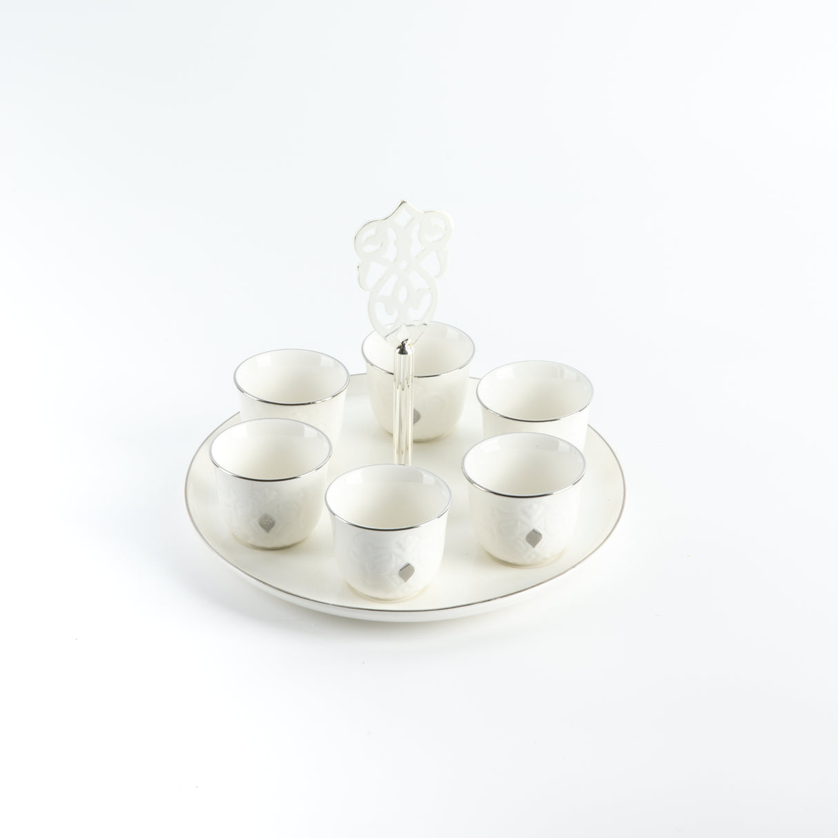 Naqsh - Arabic Coffee Cups With Holder - White & Silver