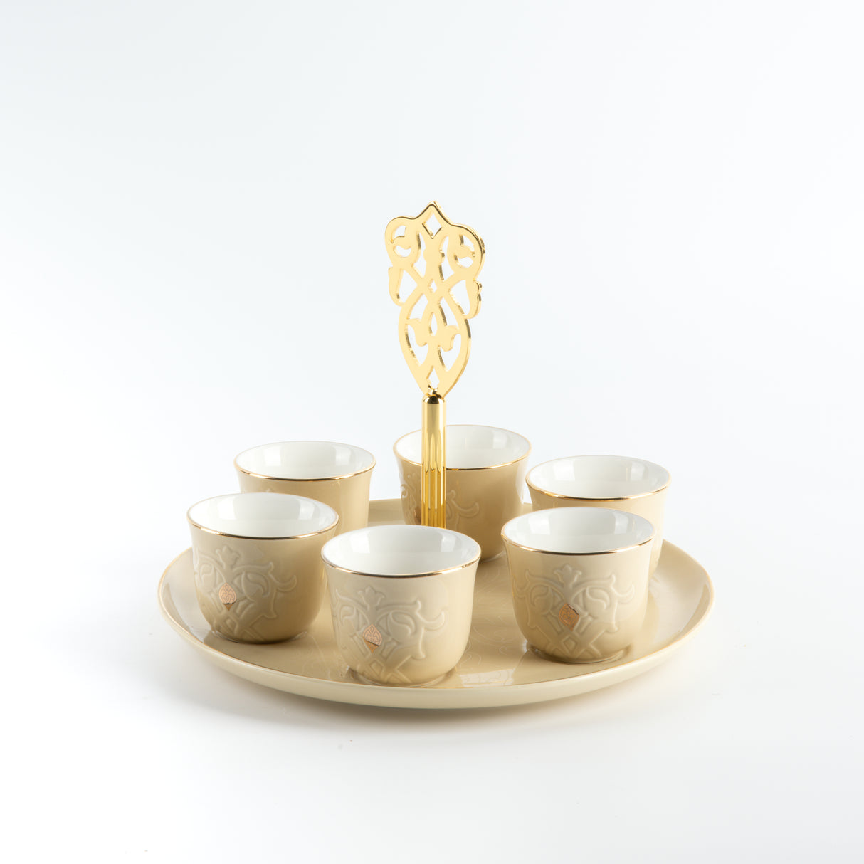 Naqsh - Arabic Coffee Cups With Holder - Ivory & Gold