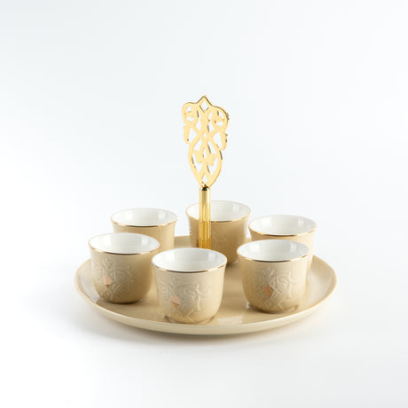 Naqsh - Arabic Coffee Cups With Holder - Ivory & Gold