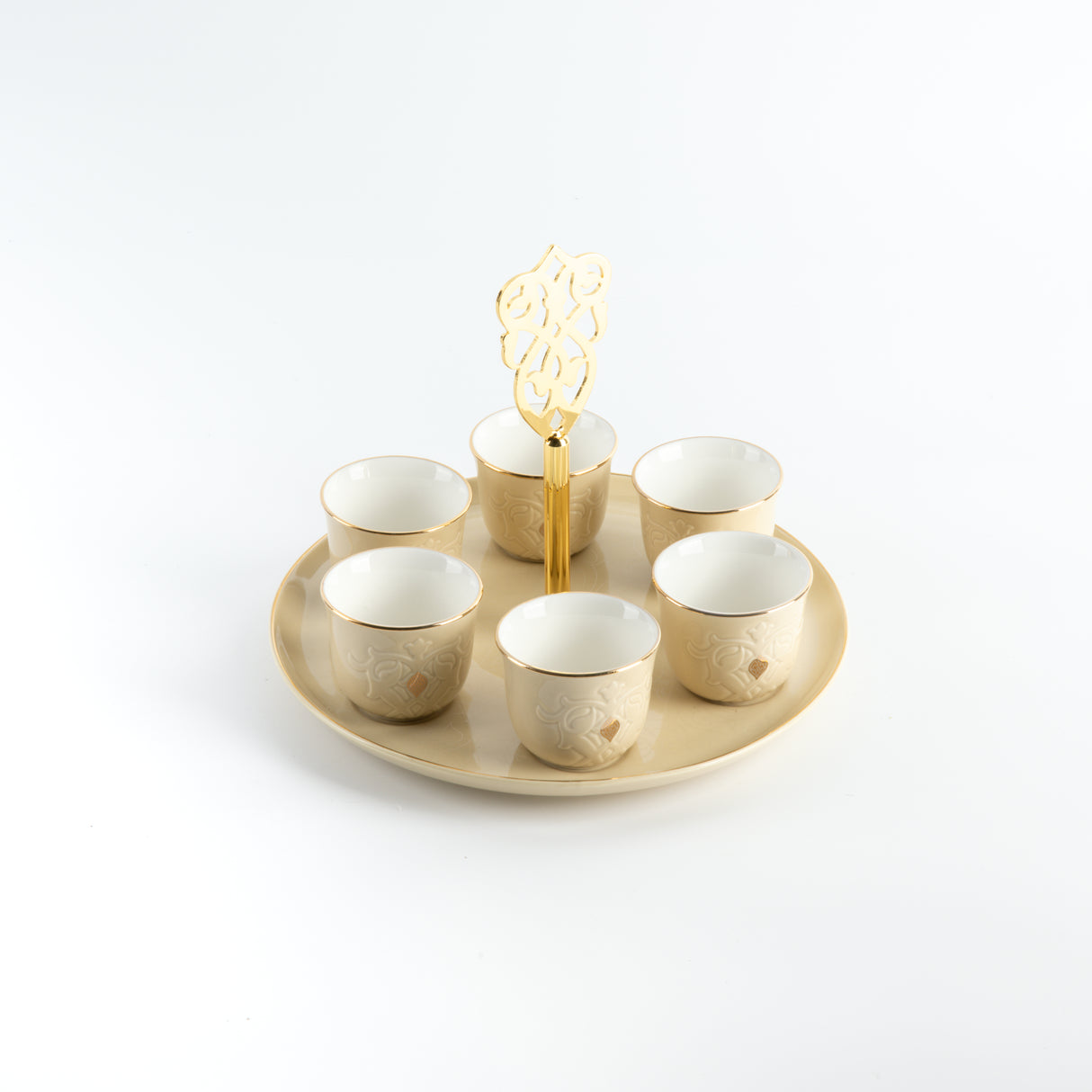 Naqsh - Arabic Coffee Cups With Holder - Ivory & Gold