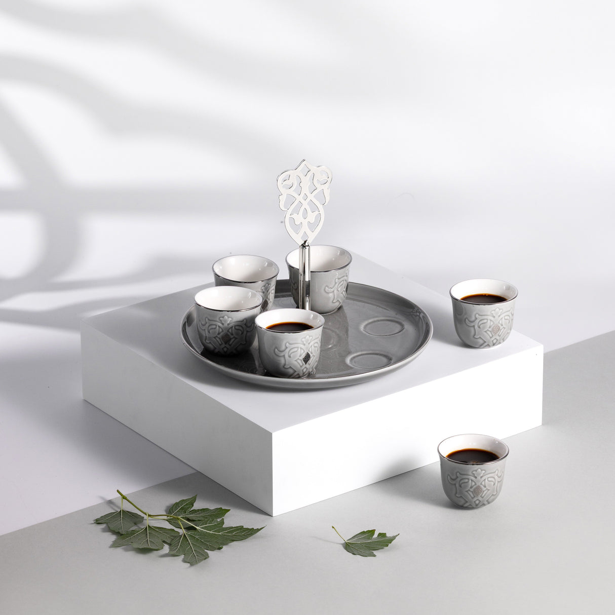 Naqsh - Arabic Coffee Cups With Holder - Grey & Silver