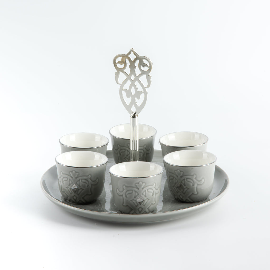 Naqsh - Arabic Coffee Cups With Holder - Grey & Silver